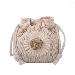 Evening Bags Ladies Casual Mini Handmade Straw Shoulder Bucket Floral Drawstring Rattan Messenger Handbags