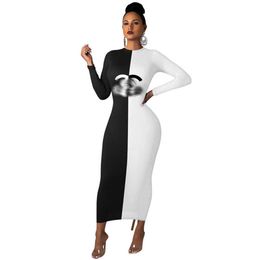 2024 Designer Women Dresses Brand black white panelled One Piece Outfit bodycon maxi dress print Party club robes long sleeve vestidos fall winter Clothes 9079-6