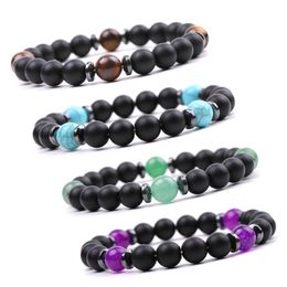 8mm Black Matte Natural Tiger Eye Stone Rose Quartz Beads Bangles Bracelets for Women Men Yoga Jewelry