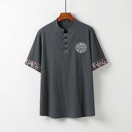 Men's T Shirts Summer Linen Embroidery Short-sleeved T-shirt V-neck Chinese Style Trend Half-sleeved Cotton Top Men