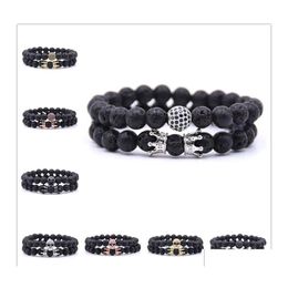 Beaded Lava Stone Pave Zircon Cz Ball Imperial Crown Skl Charm Bracelet Men Women Jewellery Pseira Drop Delivery Bracelets Dhpgz