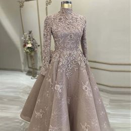 Muslim Islamic long sleeve Prom Dresses Beaded Lace Pleat Arabic Dubai Vestidos De Navia Ankle Length Evening Occasion Gown