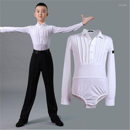 Stage Wear Children's Latin Dance Competition Clothes Boys Long-sleeved White National Standard Modern Top Ballroom One-piece Shirts