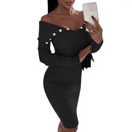 Casual Dresses Party Long Dress For Women Solid Knit Zipper V-neck Cold Shoulder Business