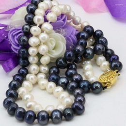 Chains BEAUTIFUL 2 ROWS 8-9 MM BLACK/WHITE SALTWATER PEARL NECKLACE 17-18" Yellow Clasp