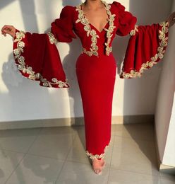 Albanian Red Mermaid Evening Dress With Jackets Kosovo Gold Lace Appliques Caftan Arabic Celebrity Party prom Gowns