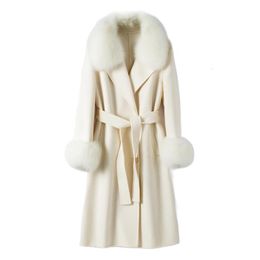 Women's Wool Blends Luxury Real Fur Long Coat Women Winter Natural Collar Jacket Cashmere Warmth Outerwear Ladies Streetwear 221205