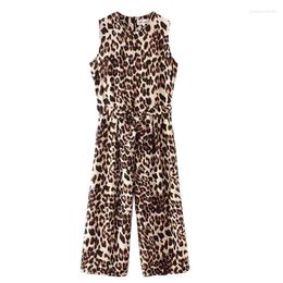 Women's Jumpsuits Women's Jumpsuit 2022 Summer Sleeveless Leopard Print Drawstring Waist Slim Rompers Lady Girl Casual Wide-leg Pants