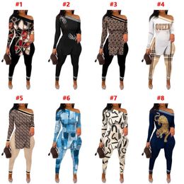 Retail Women Tracksuits Clothing Designer Printed Two Piece Pants Outfits Sexy Off Shoulder Split T Shirt Leggings Suit Matching Sets