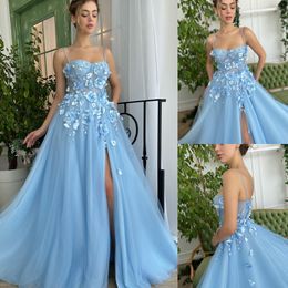 Light Sky Blue Beaded Prom Dresses Appliqued Side Split Evening Gowns Spaghetti Straps Neckline Sweep Train Tulle Formal Dress