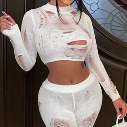 Women's Two Piece Pants Sexy Sheer Mesh Set Crop Tops Matching Sets Autumn Solid Colour Outfits For Women Club Bodycon