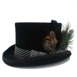 Berets Pure Wool DIY Women Men Fedora Hat Steampunk Steam Punk Gear Fedoras Millinery Goggles Handmade Cap Peacock Feathers 20