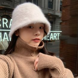 Wide Brim Hats Bucket Winter Womens Fashion Solid Colour Rabbit Hair Blend Cap Fishermans Retro Knitted Basin Girl Panama 221205