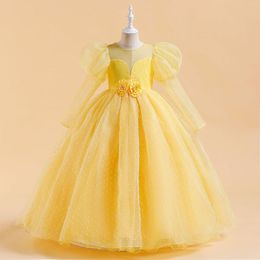 Girl Dresses Teenagers Long Sleeves Yellow Princess Tutu Elegant Prom Gown Children Bridesmaid Formal Clothes