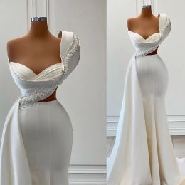2023 Lindos vestidos de noiva de sereia lindos p￩rolas de noiva P￩rolas de um ombro de cetim de cetim de cetim de cetim costume Made Beach Country Plus Tamanho