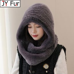 Beanie/Skull Caps Women Real Knitted Rex Rabbit Fur Hat Hooded Scarf Long Winter Warm With Neck Collar Scarves 221205