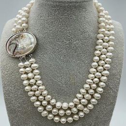 Beautiful DAN NECKLACE Genuine 3 Rows 7-8MM Freshwater pearl Necklace Cameo Clasp