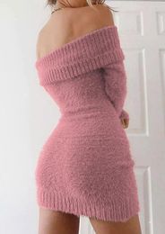 Casual Dresses Off Shoulder Women Sweater Bodycon Dress Sexy French Knitted Long Sleeve Pink Y2k Vintage Winter Clothes Slim Knitw305f