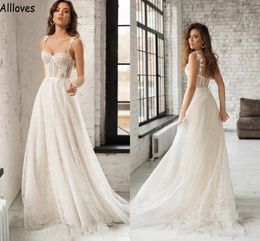 Fairy Style A Line Wedding Dresses Sexy Spaghetti Straps Lace Appliques Sleeveless Boho Garden Bridal Gowns Sexy Open Back Sweep Train Bride Robes de Mariee CL1568