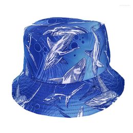 Berets Underwater Animal World Print Bucket Hat Man Woman Cotton Outdoor Reversible Fisherman Beach Fishing Girl Boy XU121