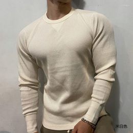 Men's Sweaters 315g Fitness Sports Waffle T-Shirt Men Cotton Knitted Muscle Slim Fit Pullover Tops Leisure Round Neckline Long Sleeve