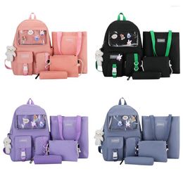 School Bags 4pcs Kawaii Backpacks Preppy Style Teenager Girls Casual Solid Book Pencil Case Composite Set With Badge Pendant