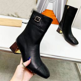 Designer Ladies High Heels Fashion Boots Autumn/Winter leather sexy chunky ankle boots square head buckle 6cm size 35-44 belt box