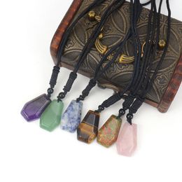 Natural Stone Hexahedron Pendant Necklaces Tiger Eye Rose Quartz Amethyst Fluorite Healing Crystal Charms Necklace Women Men Jewelry