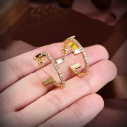 Classic Fashion Simplicity Style Round white crystal beautiful ring earrings Lady Women Hardware Engraved F Letter Earring Ear Studs Jewelry Gifts FER14 --02F