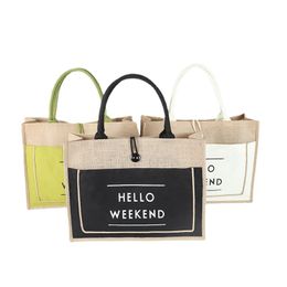 Jute Shopping Bag with Letters Hello Weekend Canvas Beach Bags for Women Overnight Shoulder Bag JA091