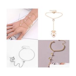 Wedding Rings Fashion Chain Link Ring Rhinestone Vintage Flower Double Finger Rings For Women Girl Party Jewellery Gift Accessories 13 Dha1S