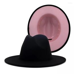 Berets Black Pink Patchwork Wool Felt Jazz Fedora Hat Women Unisex Wide Brim Panama Party Trilby Cowboy Cap Men Gentleman Wedding