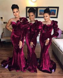 Ruffles Velvet Mermaid Bridesmaid Dresses One Long Sleeve Beaded Wedding Party Gowns For Black Girls Sweep Train Elegant Women Prom Party Evening Wear 2023