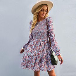 Casual Dresses Elegant Floral Print Loose Women Mini Dress Autumn Winter Sexy O Neck Long Sleeve A Line Hem Pleats Party Evening Robe