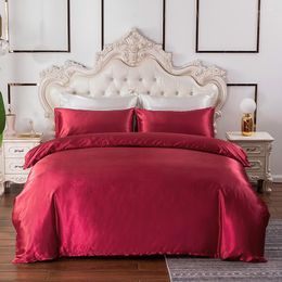 Bedding Sets Modern Comforter Set Wine Red Silky Satin Duvet Cover King Size Bedclothes Pillowcase Bed Linen For Adults