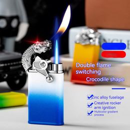 New Blue Flame Jet Lighter Metal Rocker Arm Tiger Dragon Torch Lighter Creative Windproof Crocodile Fire Conversion Lighter