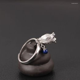 Cluster Rings Chinese Wind Fashion Jewellery Ancient Hollowed Out Small Flowers S925 Pure Silver Women's Ring Female Natural Stone