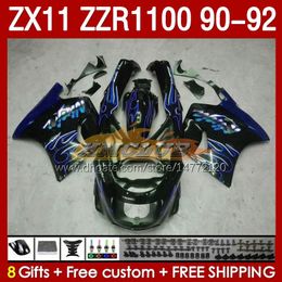 Fairings blue flames Kit For KAWASAKI NINJA ZX 11 R 11R ZX-11 R ZZR1100 ZZR 1100 CC Body 164No.21 ZX11 R 90-92 ZX-11R ZZR-1100 ZX11R 90 91 92 1990 1991 1992 ABS Full Fairing