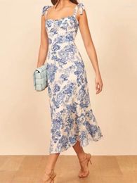 Casual Dresses Vintage French Style Blue White Floral Women Dress Tie Bow Strap Sleeveless Sexy Beach Holiday Robe Vestidos