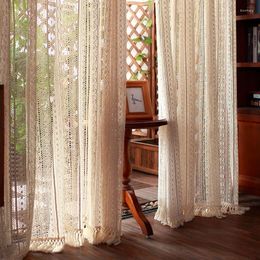 Curtain American Country Beige Yellow Cotton Thread Crochet Tulle With Tassels Hollow Lace Tent Drapes For Living Room Bedroom#4