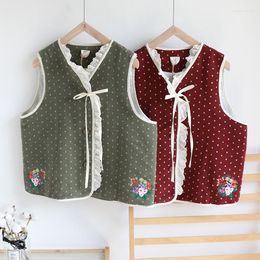 Women's Vests Autumn Winter Women All-match Mori Kei Flower Embroidery Lace Polka Dots Loose Comfortable Cotton Linen Sleeveless Tank