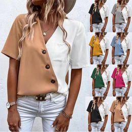Women's Blouses HAOOHU Summer Casual Women's V-neck Chiffon Non-stretch Fashion Contrast Colour Short-sleeved Shirt Top Blouse Camisas