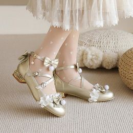 Flat Shoes 2022 Princess Children's Leather Girls Bow Bride Wedding Party Dress High Heels Dance