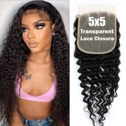 5x5 Deep Wave Human Hair Transparent Lace Closures Pre Plucked Natural Hairline Bleached Knots