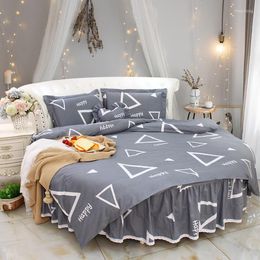 Bedding Sets Grey Color Geometric Style Ruffle Round Bed Cotton Home 4pcs Set King Size 2-2.5m Dress Comforter Cover