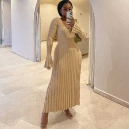 Fall And Winter Women Clothes Dress Long Sleeve Casual Waist V-neck Big Hole Strip Thin Rib Knitted Dresses One Piece Skirt