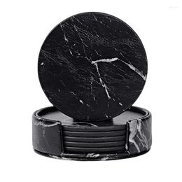 Table Runner Coasters For Drinks 6-Piece With Holder Marble Black Round Cup Mat Pad Set Of Home And Kitchen Use