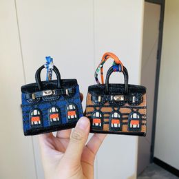 Genuine Leather Small House Bag Pendant Cute Headset Car Keychain Pendants Creative Mini Bag Pannier Bags