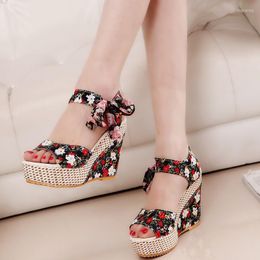 Sandals 2022 Fashion Women's Bow Thick Bottom Fish Mouth Wedge High Heel Shoes Flower