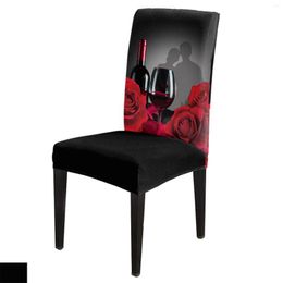 Chair Covers Valentine'S Day Rose Flower Red Wine Cover Dining Spandex Stretch Seat Home Office Decoration Desk Case Set